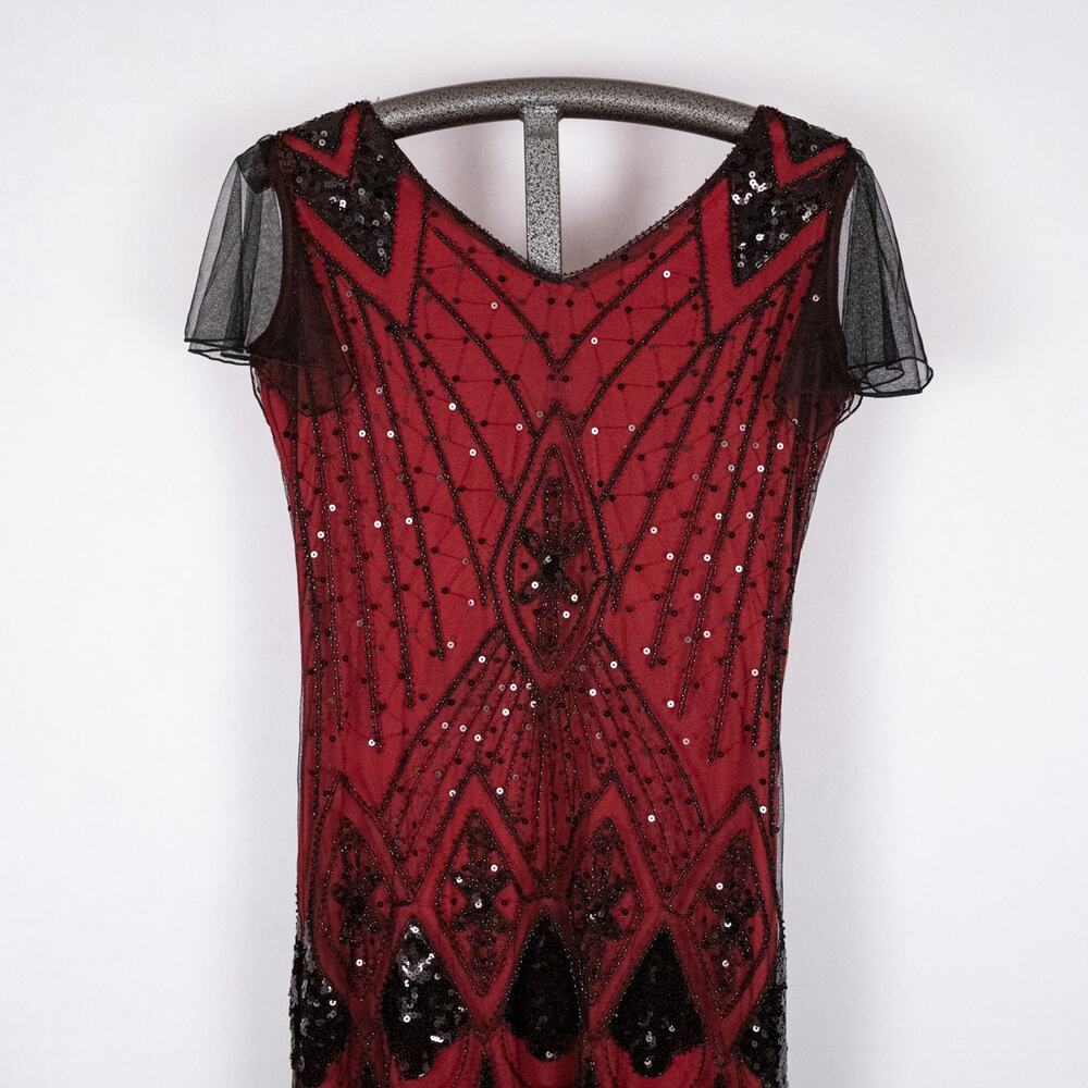Whimsigoth Dark Fairy Maxi Dress MEDIUM Red Black Netting Beaded Sequins Sheer - Picture 3 of 8